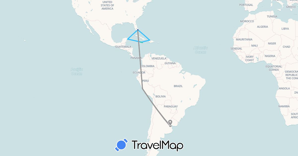 TravelMap itinerary: driving, bus, plane, boat in Argentina, Haiti, Jamaica, Cayman Islands, Mexico, Peru, United States (North America, South America)